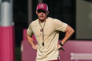 Florida State head coach Mike Norvell watches as players put in work during practice with the first home game just a few weeks