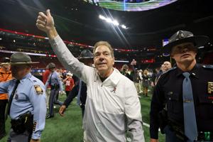 Dec 2, 2023; Atlanta, GA, USA; Alabama Crimson Tide head coach Nick Saban celebrates after defeating the Georgia Bulldogs in the SEC championship game at Mercedes-Benz Stadium. Mandatory Credit: Brett Davis-USA TODAY Sports
