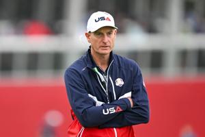 Team USA Assistant Captain Jim Furyk coaches on the eighteenth green during a practice round of the 2025 Ryder Cup at Bethpage Black.