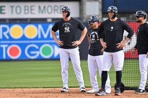 Feb 16, 2026; Tampa, FL, USA; New York Yankees outfielder Aaron Judge (99) and outfielder Giancarlo Stanton (27) run the bases during spring training at George M. Steinbrenner Field. Mandatory Credit: Jonathan Dyer-Imagn Images