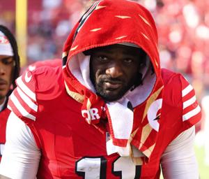 Oct 6, 2024; Santa Clara, California, USA; San Francisco 49ers wide receiver Brandon Aiyuk (11) after the game against the Arizona Cardinals at Levi's Stadium. Mandatory Credit: Kelley L Cox-Imagn Images