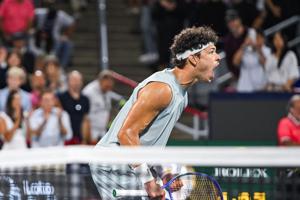 Ben Shelton reacts after his win in the singles final over Brandon Nakashima (USA) at IGA Stadium.