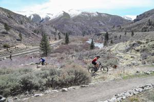 Mountain bikers ride the Tahoe-Pyramid Trail.