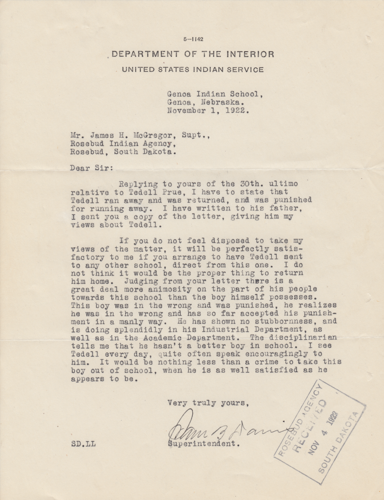 Samuel Davis letter, Nov. 1, 1922