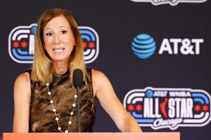 Jul 25, 2026; Chicago, Illinois, USA; WNBA Commissioner Cathy Engelbert speaks with media before the 2026 WNBA All Star Game at United Center. Mandatory Credit: Kamil Krzaczynski-Imagn Images
