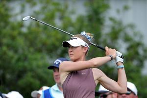 Nelly Korda watches a tee shot on the ninth hole during the final round of the 2026 Chevron Championship at Memorial Park.