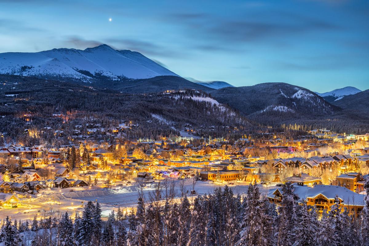 A view of the skyline in Breckenridge, Colorado in winter at dawn.