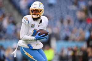 Nov 2, 2025; Nashville, Tennessee, USA;  Los Angeles Chargers wide receiver Keenan Allen (13) warms up prior to the game against the Tennessee Titans at Nissan Stadium. Mandatory Credit: Steve Roberts-Imagn Images
