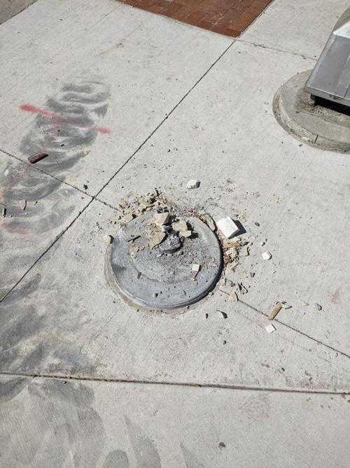 Bollard outside Rose Theater destroyed