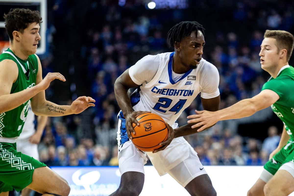 Omaha, Nebraska, USA. 15th November 2018. Creighton Bluejays guard Ty-Shon  Alexander #5 in action during an NCAA men's basketball game between Ohio  State Buckeyes and Creighton Bluejays at the CHI Health Center