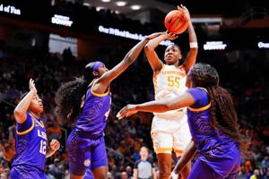 Tennessee guard Talaysia Cooper (55) attempts a shot past LSU guard Flau'Jae Johnson (4) during a women's college basketball game between the Lady Vols and LSU at Thompson-Boling Arena at Food City Center on Thursday, Jan. 9, 2025.