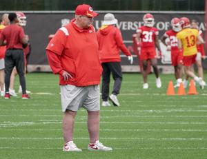May 26, 2022; Kansas City, MO, USA; Kansas City Chiefs head coach Andy Reid watches practice during organized team activities at The University of Kansas Health System Training Complex. Mandatory Credit: Denny Medley-USA TODAY Sports