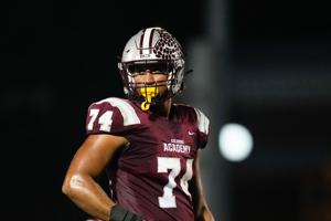 Columbus Academy's Reinaldo Perez (74) looks at the sideline in the first half of the game at Columbus Academy on Friday, Oct. 3, 2025 in Gahanna, Ohio.
