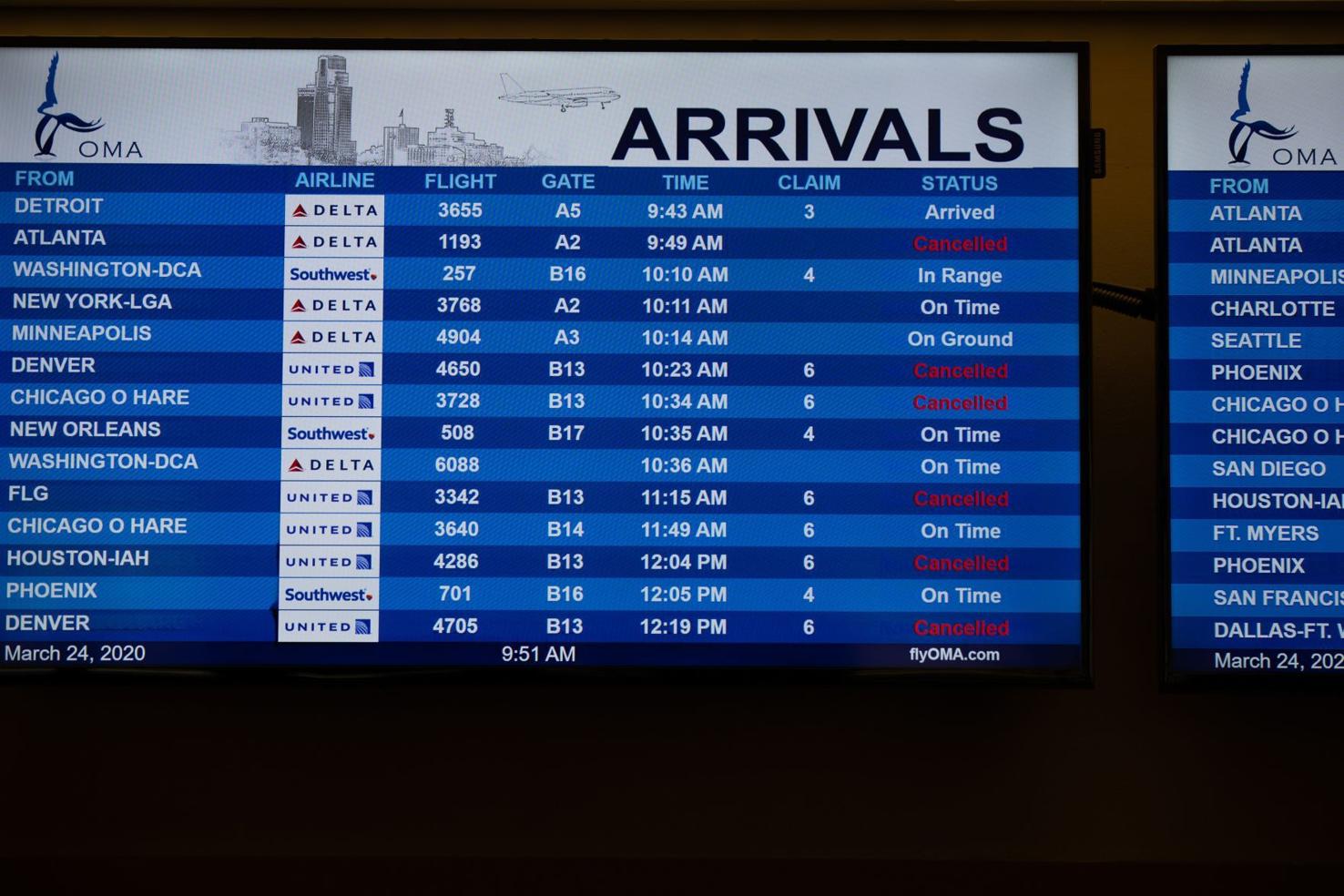 Air travel plummets, flights canceled at Eppley Airfield; more declines