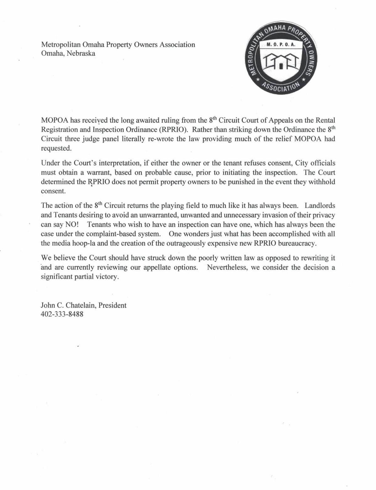 Metropolitan Omaha Property Owners Association letter