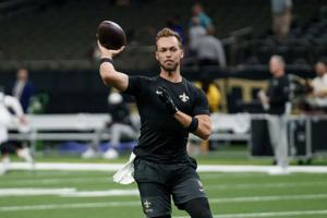 Aug 17, 2025; New Orleans, Louisiana, USA; New Orleans Saints quarterback Jake Haener (3) warms up against the Jacksonville Jaguars at Caesars Superdome. Mandatory Credit: Matthew Hinton-Imagn Images