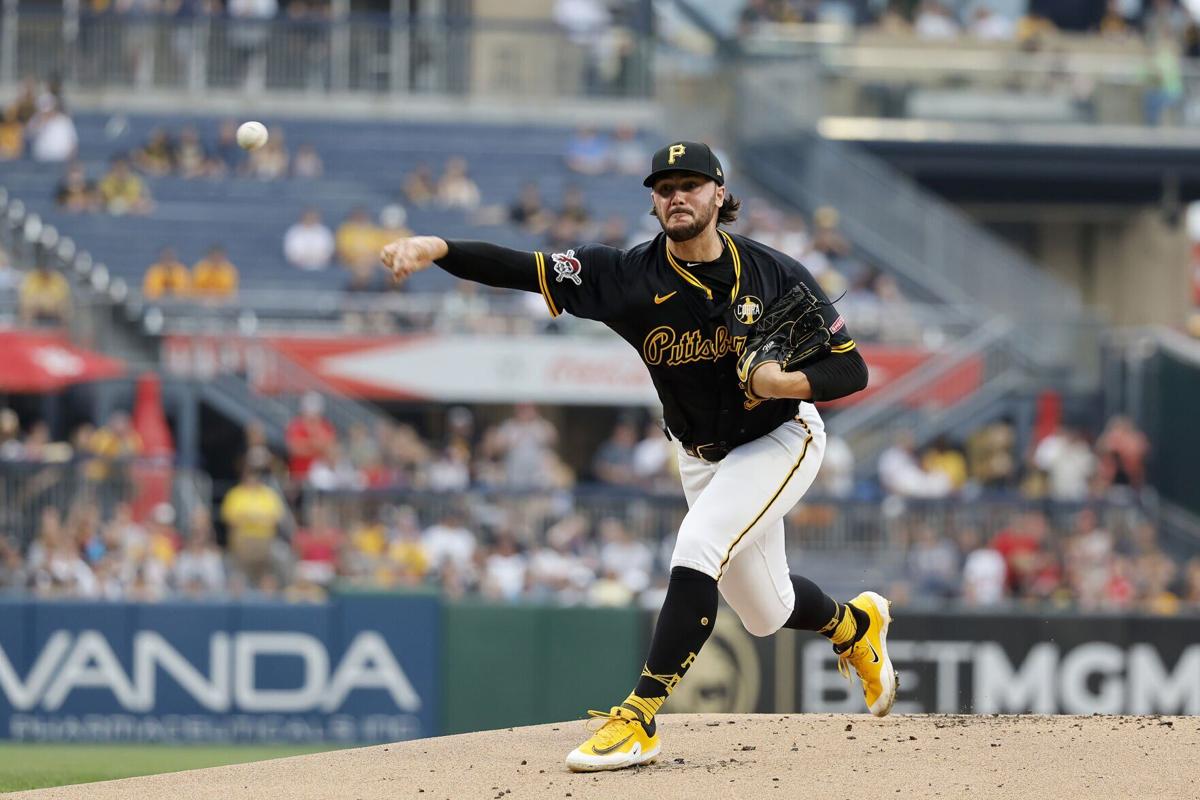 Paul Skenes of the Pittsburgh Pirates pitches in the first inning against the Cincinnati Reds at PNC Park on Thursday, Aug. 7, 2025, in Pittsburgh.