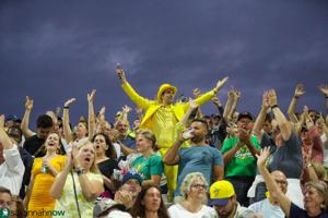 Savannah Bananas owner Jesse Cole celebrates with the fans during the first game of the Banana Ball Championship series on Thursday, October 2, 2025 at Historic Grayson Stadium.