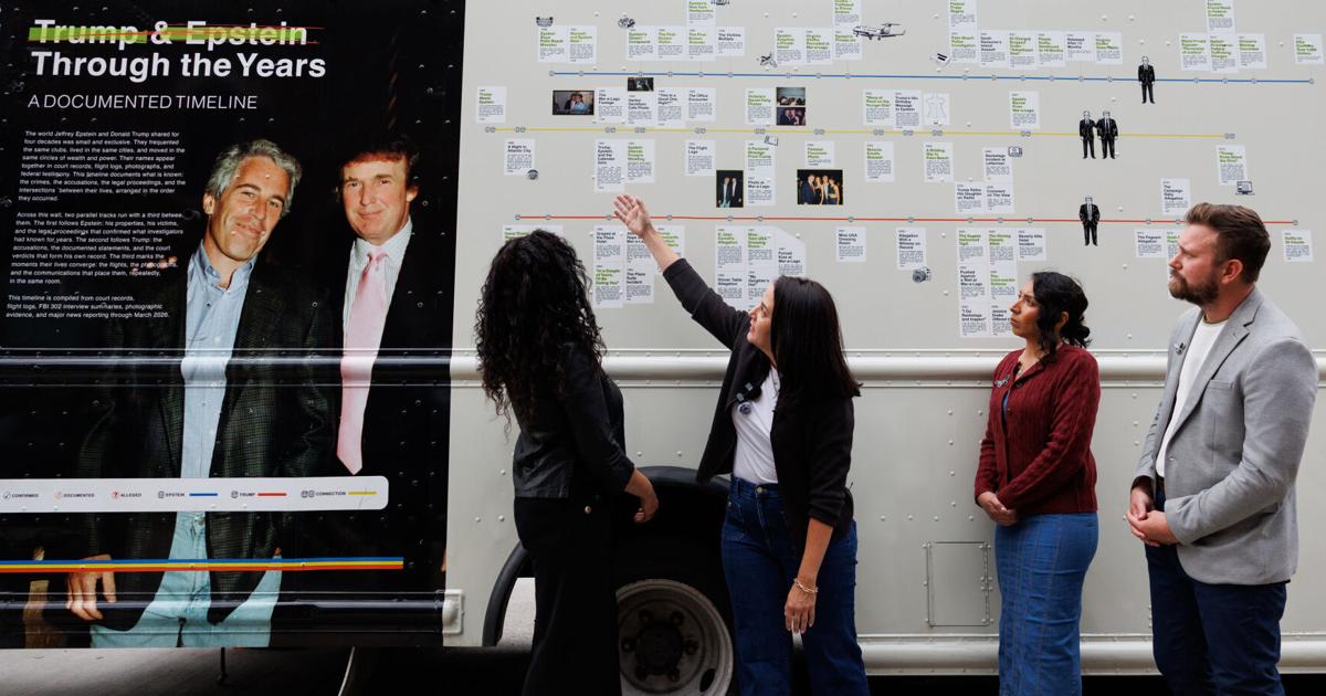 Roaming exhibit critical of Trump's ties to Epstein stops in Omaha