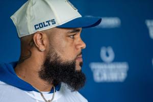 Indianapolis Colts wide receiver Keenan Allen speaks with media Wednesday, Aug. 19, 2026, ahead of the Colts’ joint practice