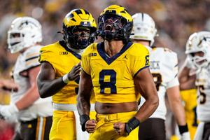 Michigan defensive end Dom Nichols celebrates a sack against Western Michigan during the first half at Michigan Stadium in Ann Arbor on Saturday, Sept. 5, 2026.