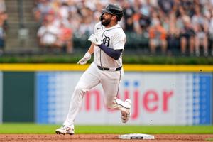 Detroit Tigers left fielder Riley Greene (31) runs past second base to score a run against Cleveland Guardians during the second