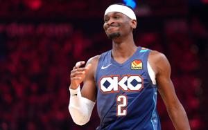 Oklahoma City's Shai Gilgeous-Alexander (2) reacts after a basket during the NBA basketball game between the Oklahoma City Thunder and the Los Angeles Lakers at Paycom Center in Oklahoma City, May, 7, 2026.
