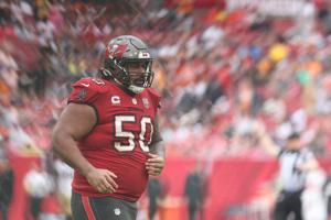 Dec 7, 2025; Tampa, Florida, USA; Tampa Bay Buccaneers defensive tackle Vita Vea (50) runs on the field during the fourth quarter against the New Orleans Saints at Raymond James Stadium. Mandatory Credit: Nathan Ray Seebeck-Imagn Images