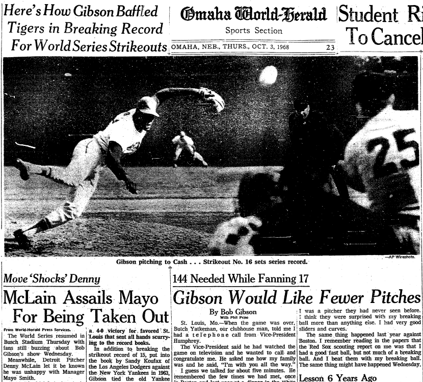 October 2, 1968: Bob Gibson strikes out 17 to set World Series