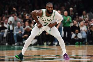 Boston Celtics guard Jaylen Brown (7) on defense in the second half during Game 1 of a 2026 NBA Playoffs game against the Philadelphia 76ers.