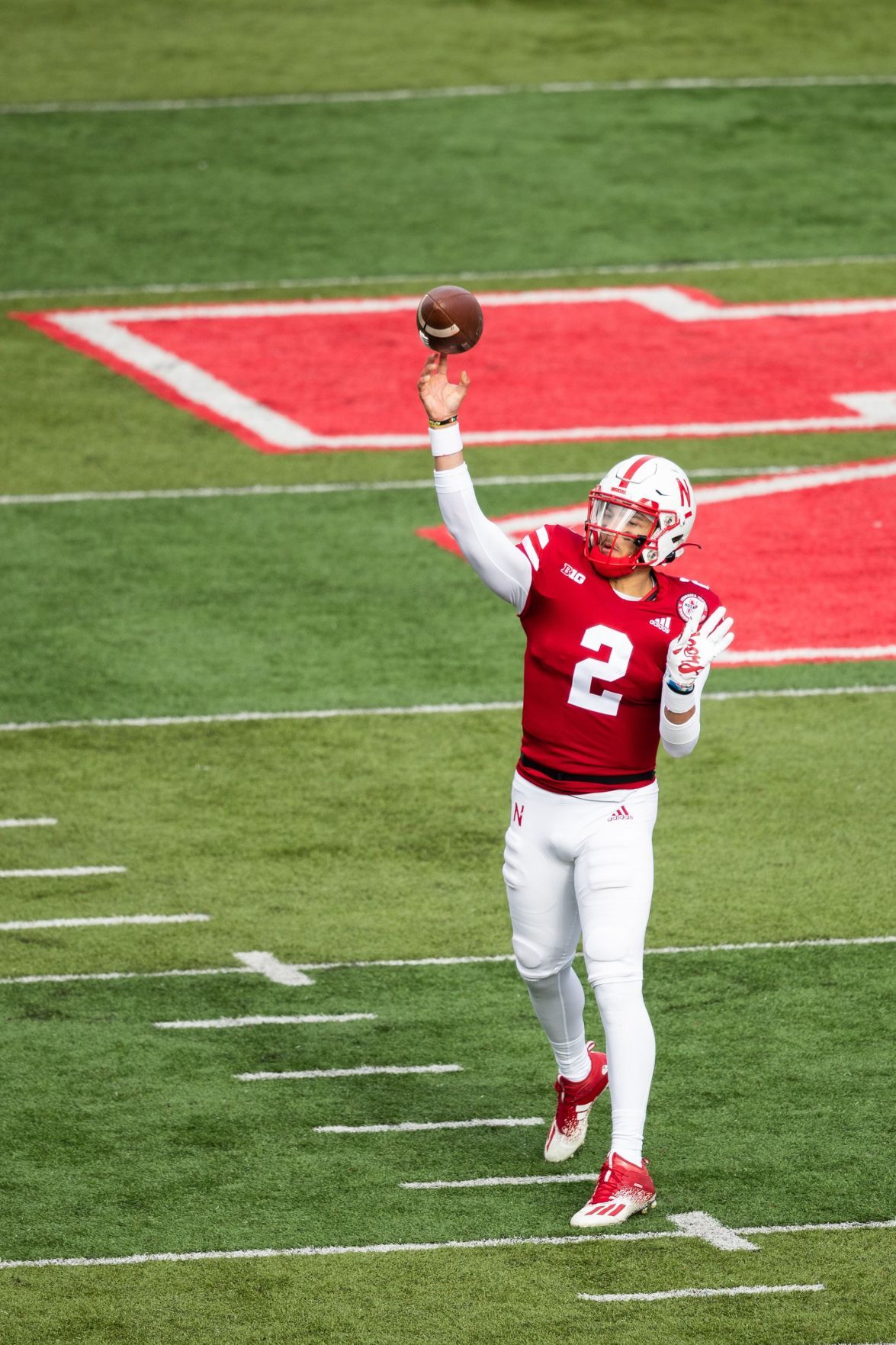 Noah Vedral of the Nebraska Cornhuskers warms up before the game