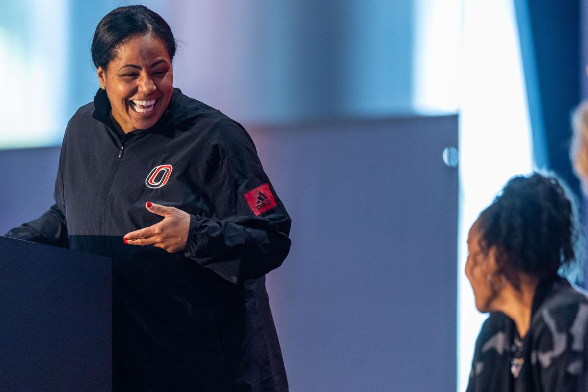 Basketball coach Dawn Staley speaks to female athletes of color in Omaha