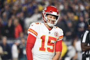 Nov 19, 2018; Los Angeles, CA: Kansas City Chiefs quarterback Patrick Mahomes (15) smiles during a timeout in the second quarter against the Los Angeles Rams at the Los Angeles Memorial Coliseum. Mandatory Credit: Robert Hanashiro-USA TODAY Sports