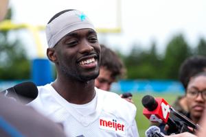 Detroit Lions cornerback Terrion Arnold (6) speaks to media members after practice during mini camp at Meijer Performance Center