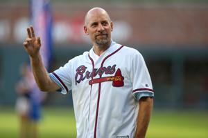 Aug 16, 2019; Atlanta, GA, USA; Former Atlanta Braves pitcher John Smoltz (29) waves to fans before a game against the Los Angeles Dodgers at SunTrust Park. Mandatory Credit: Brett Davis-USA TODAY Sports