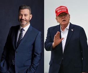 Jimmy Kimmel, left, is campaigning for an Emmy with a montage of Donald Trump calling for his show to be canceled.