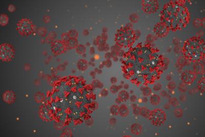 3D rendering, coronavirus cells covid-19 influenza flowing on grey gradient background as dangerous flu strain cases as a pandemic medical health risk