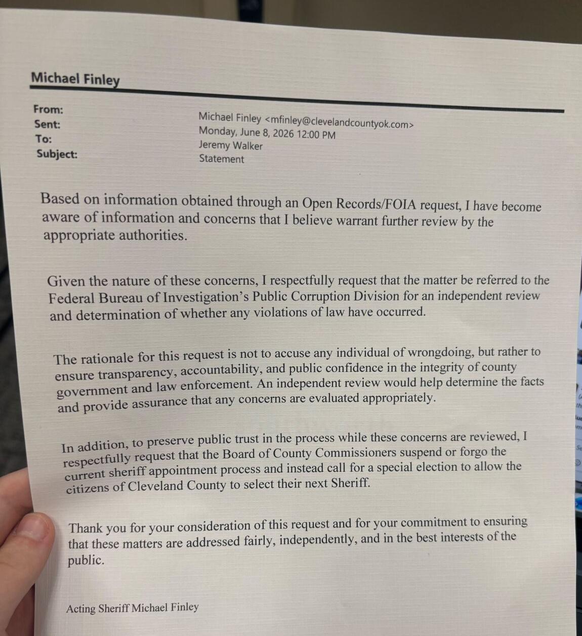 Statement from Acting Sheriff Michael Finley