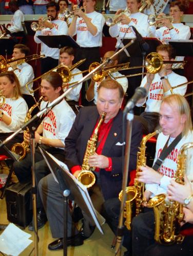 David Boren plays saxophone
