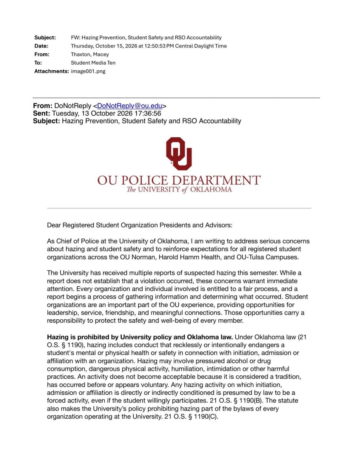 Letter to student organizations from OUPD Chief Derek Fuller