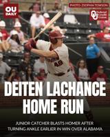 College World Series: OU's Deiten Lachance hits home run after turning ankle