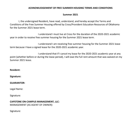 Cross Lease Addendum for Summer