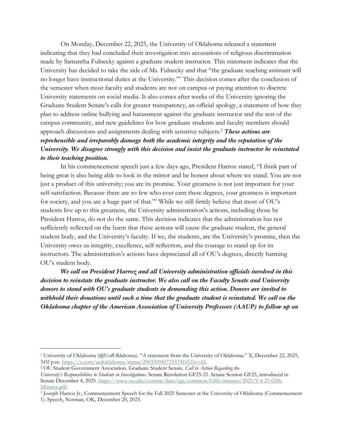 Graduate Student Senate statement