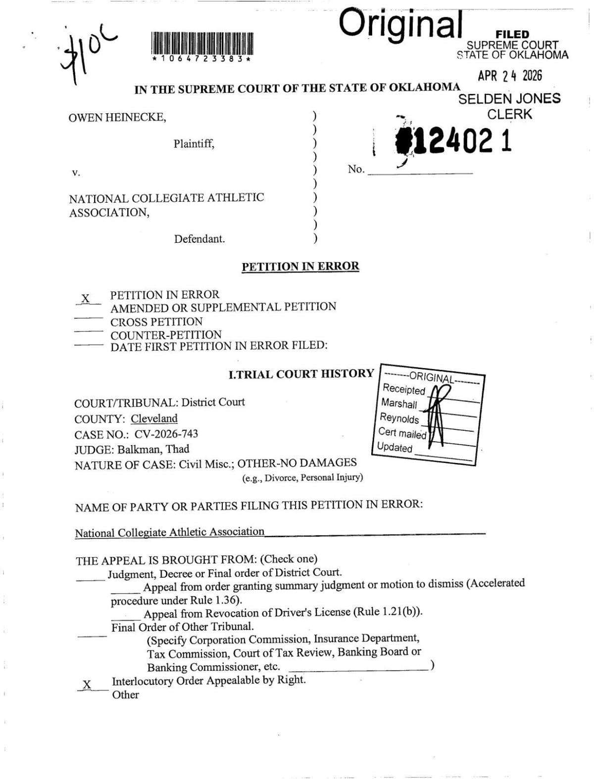 NCAA petition in error