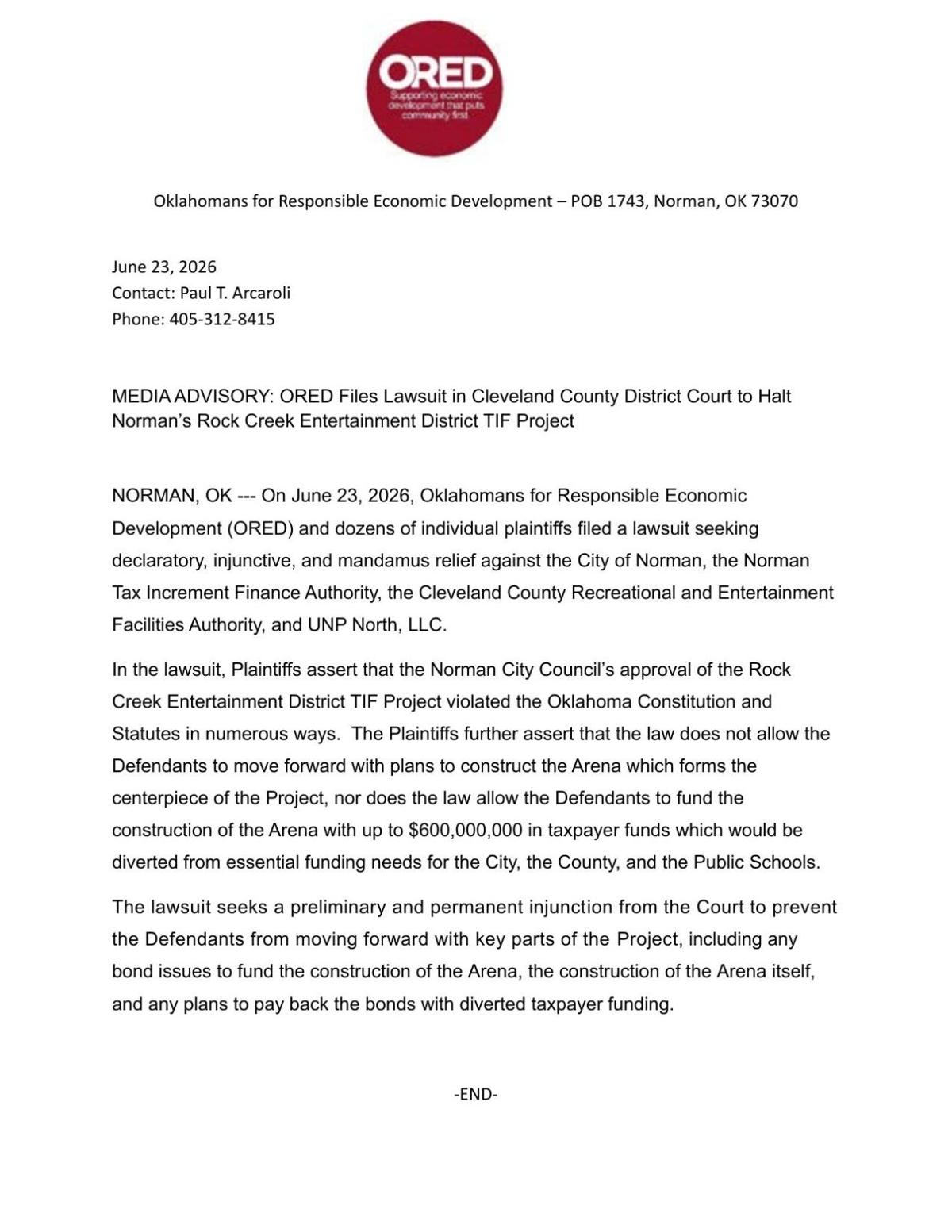 ORED press release on lawsuit