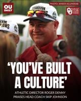OU athletic director Roger Denny praises baseball head coach Skip Johnson