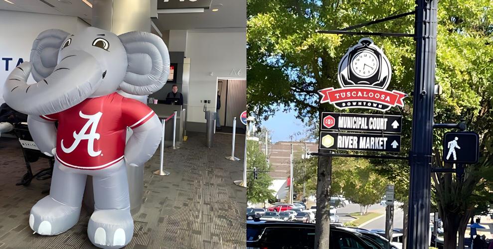 Big Al the Elephant and downtown Tuscaloosa sign