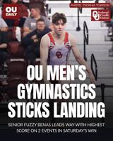 OU gymnast Fuzzy Benas sticks landing on vault in home win for men's gymnastics