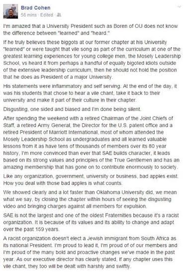 Brad Cohen Facebook post