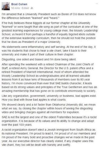 Brad Cohen Facebook post